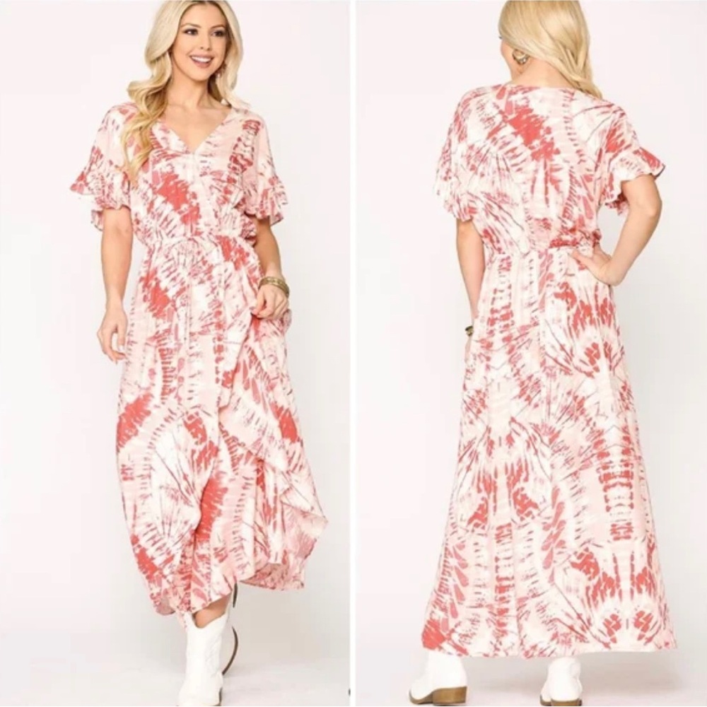 GIGIO Plus Dress Womens XL Coral Pink Boho Chic Maxi Tie-Dye Wrap V-Neck
